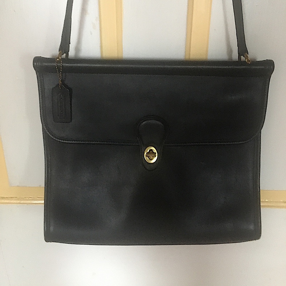 Coach Black Leather Cross-Body Messenger Bag.